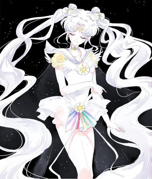Anime picture 800x943 with bishoujo senshi sailor moon toei animation sailor cosmos ahma single tall image simple background smile twintails white hair eyes closed very long hair hair bun (hair buns) black background sailor collar girl choker cape