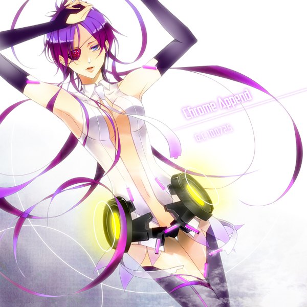 Anime picture 1400x1400 with katekyou hitman reborn vocaloid vocaloid append chrome dokuro gray crow single long hair breasts blue eyes light erotic purple hair inscription armpit (armpits) cosplay girl detached sleeves eyepatch