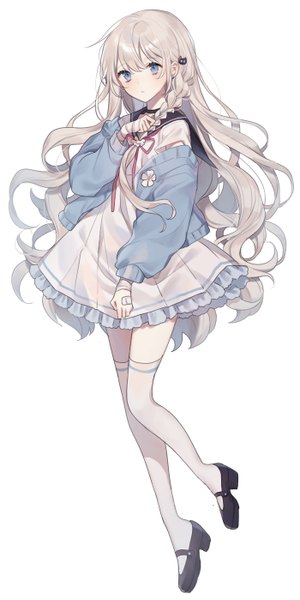 Anime picture 700x1398 with original moffle (ayabi) single long hair tall image looking at viewer blush fringe blue eyes simple background hair between eyes standing white background payot silver hair bent knee (knees) braid (braids) long sleeves off shoulder high heels
