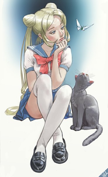 Anime picture 630x1024 with bishoujo senshi sailor moon toei animation tsukino usagi sailor moon luna (sailor moon) whiskypaint single long hair tall image blush blue eyes blonde hair twintails looking away lips girl thighhighs animal white thighhighs shoes