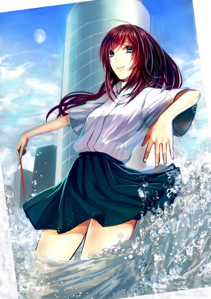 Anime picture 1000x1414 with original reniirean (artist) single long hair tall image blue eyes looking away sky cloud (clouds) red hair light smile spread arms girl uniform school uniform water building (buildings) moon splashes wand