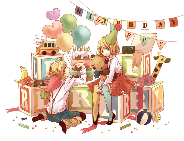 Anime picture 1100x842 with vocaloid kagamine rin kagamine len gemini (kokoma) short hair open mouth blue eyes simple background blonde hair white background sitting looking away no shoes eating polka dot twins happy birthday brother and sister girl thighhighs