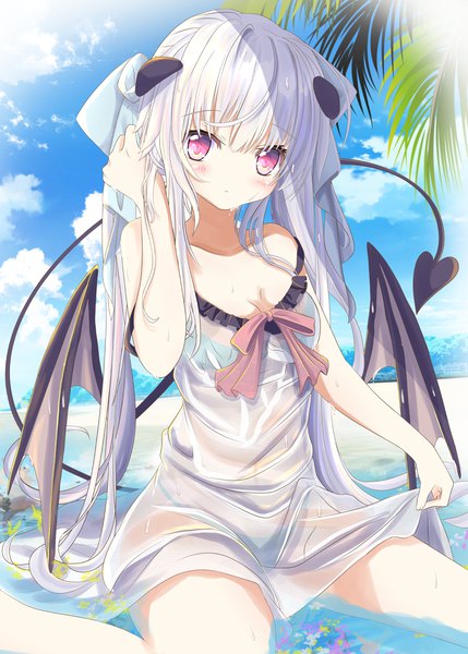 Anime picture 1332x1864 with original moe2022 aruka (alka p1) single long hair tall image blush light erotic purple eyes sky silver hair cloud (clouds) outdoors tail horn (horns) partially submerged demon girl wet clothes demon tail swimsuit under clothes