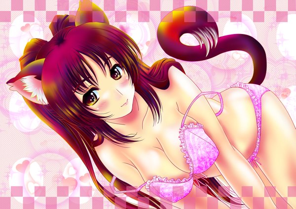 Anime picture 3541x2508 with to heart 2 leaf (studio) kousaka tamaki aka kitsune long hair blush highres breasts light erotic brown eyes animal ears absurdres red hair cat ears cat girl cat tail underwear only girl underwear panties