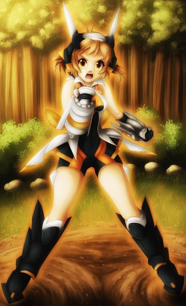 Anime picture 3044x5000 with senki zesshou symphogear satelight tachibana hibiki law67 single tall image highres short hair open mouth blonde hair twintails brown eyes absurdres coloring short twintails screaming girl plant (plants) tree (trees) bodysuit