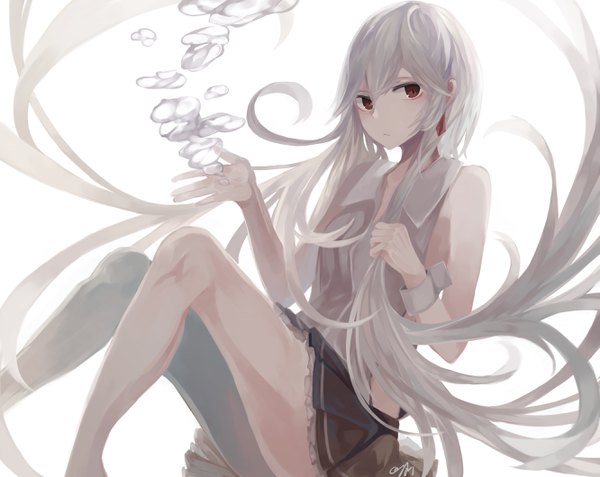 Anime picture 2662x2119 with original roa (ogami ren) ogami ren single fringe highres simple background hair between eyes red eyes white background bare shoulders signed white hair very long hair legs holding hair girl skirt miniskirt wrist cuffs