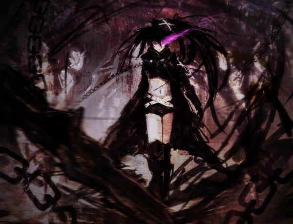 Anime picture 1200x918 with black rock shooter insane black rock shooter chan (realk) long hair black hair twintails purple eyes glowing scar glowing eye (eyes) girl gloves weapon shorts boots belt chain cloak bikini top huge weapon