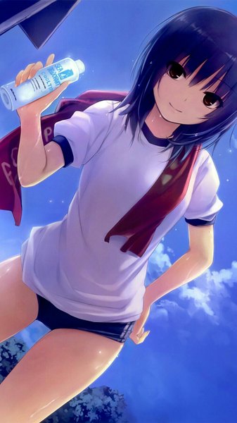 Anime picture 843x1500 with original aoyama sumika coffee-kizoku single tall image looking at viewer fringe short hair smile brown eyes blue hair sky light smile sweat hand on hip towel around neck girl t-shirt gym uniform towel