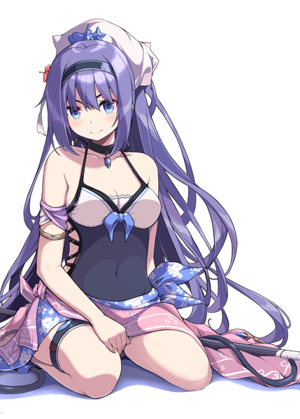 Anime picture 1243x1740 with princess connect! re:dive princess connect! mifuyu (princess connect!) ribucci single long hair tall image looking at viewer fringe blue eyes light erotic simple background smile hair between eyes white background sitting purple hair girl swimsuit one-piece swimsuit