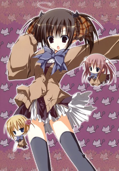 Anime picture 2446x3500 with ebiten anime international company todayama kyouko hanamori hakata hiromatsu rikei inugami kira tall image blush highres short hair open mouth black hair red eyes scan zettai ryouiki chibi girl thighhighs uniform hair ornament