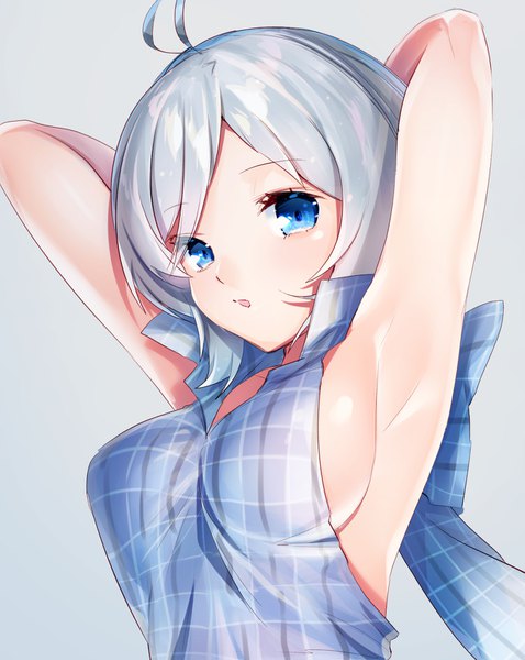 Anime picture 1294x1626 with virtual youtuber .live dennou shoujo siro ayamori mimi single tall image looking at viewer blush fringe short hair breasts open mouth blue eyes light erotic simple background large breasts silver hair ahoge upper body grey background