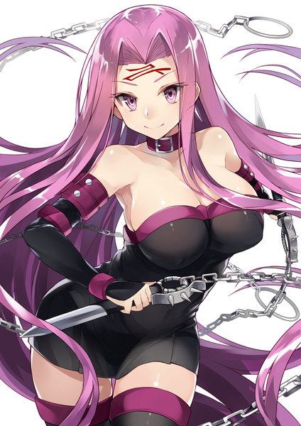 Anime picture 1414x2000 with fate (series) fate/stay night rider kou mashiro single tall image breasts light erotic simple background smile large breasts white background bare shoulders holding looking away pink hair very long hair pink eyes leaning zettai ryouiki