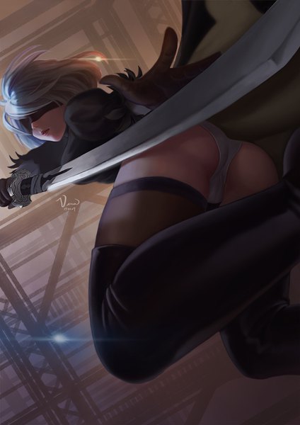 Anime picture 566x800 with nier nier:automata yorha no. 2 type b single tall image looking at viewer fringe short hair breasts light erotic holding signed bent knee (knees) ass indoors long sleeves lips grey hair hair over one eye from below