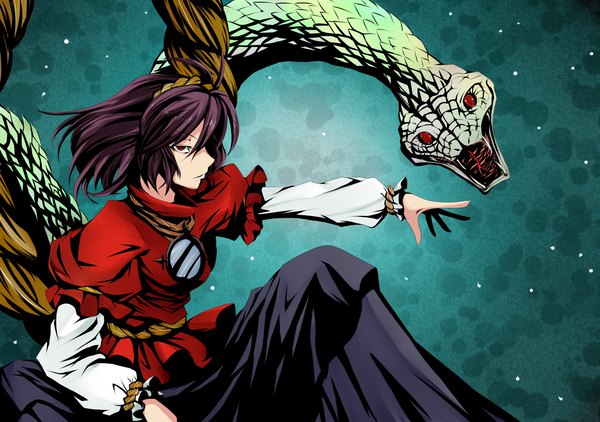Anime picture 2480x1748 with touhou yasaka kanako single highres short hair red eyes purple hair pointing girl animal snake rope