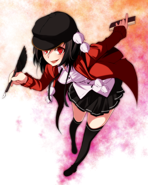 Anime picture 1679x2100 with touhou shameimaru aya s-syogo single tall image looking at viewer short hair open mouth black hair red eyes girl thighhighs skirt black thighhighs book (books) feather (feathers) flat cap