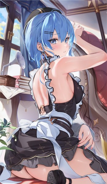 Anime picture 2329x4000 with virtual youtuber hololive hoshimachi suisei houkisei single long hair tall image looking at viewer blush fringe highres breasts blue eyes light erotic hair between eyes sitting bare shoulders blue hair ass indoors
