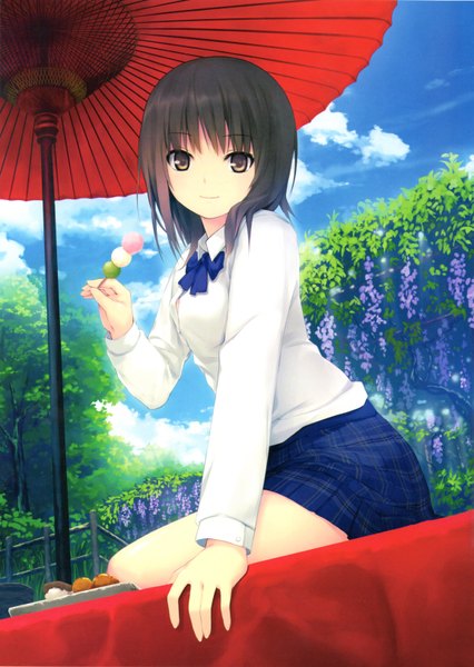 Anime picture 4595x6470 with original aoyama sumika coffee-kizoku single tall image looking at viewer highres short hair smile brown hair sitting holding brown eyes absurdres sky cloud (clouds) outdoors striped plaid girl