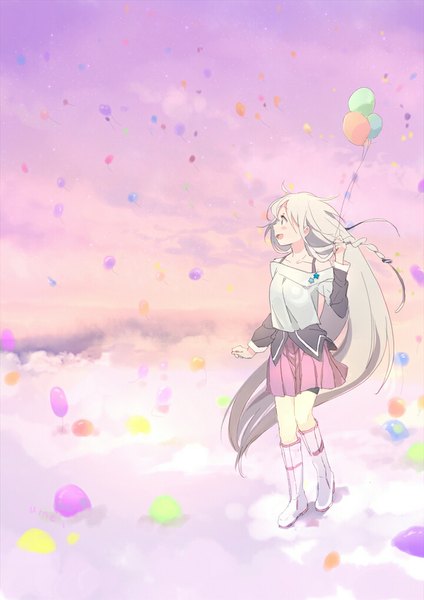 Anime picture 718x1015 with vocaloid ia (vocaloid) ume (plumblossom) single tall image blush fringe open mouth bare shoulders holding looking away ahoge bent knee (knees) braid (braids) very long hair pleated skirt wind happy girl skirt