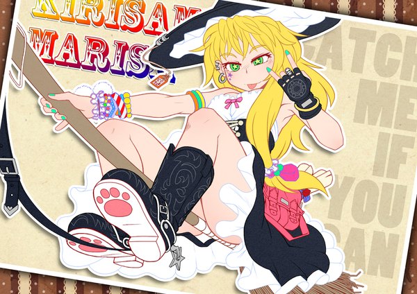 Anime picture 1920x1358 with touhou kirisame marisa iromeki overdrive single long hair highres light erotic blonde hair green eyes nail polish from below character names piercing symbol-shaped pupils ear piercing soles :p outline mmm broom riding