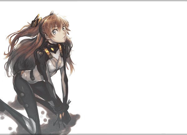 Anime picture 1446x1044 with neon genesis evangelion rebuild of evangelion evangelion: 2.0 you can (not) advance gainax soryu asuka langley shikinami asuka langley ayaki (artist) simple background brown hair white background arm support grey eyes alternate costume kneeling alternate color girl bodysuit pilot suit
