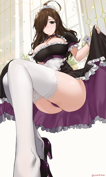 Anime picture 1795x3000 with kono subarashii sekai ni shukufuku wo! studio deen wiz (konosuba) sendrawz single long hair tall image looking at viewer blush fringe highres breasts light erotic brown hair brown eyes signed cleavage ahoge ass hair over one eye