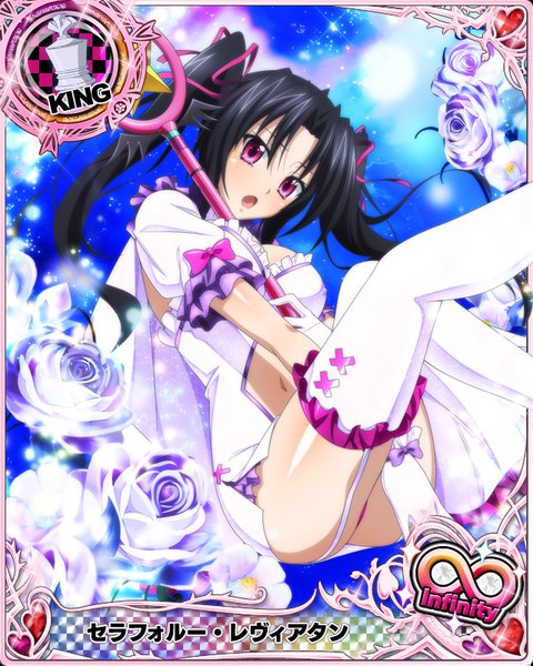 Anime picture 640x800 with highschool dxd serafall leviathan single long hair tall image open mouth light erotic black hair twintails purple eyes looking away pantyshot card (medium) girl thighhighs dress gloves underwear panties flower (flowers)