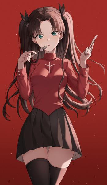Anime picture 1398x2404 with fate (series) fate/stay night toosaka rin yeorem single long hair tall image looking at viewer fringe breasts open mouth simple background brown hair standing holding long sleeves pleated skirt aqua eyes :o two side up