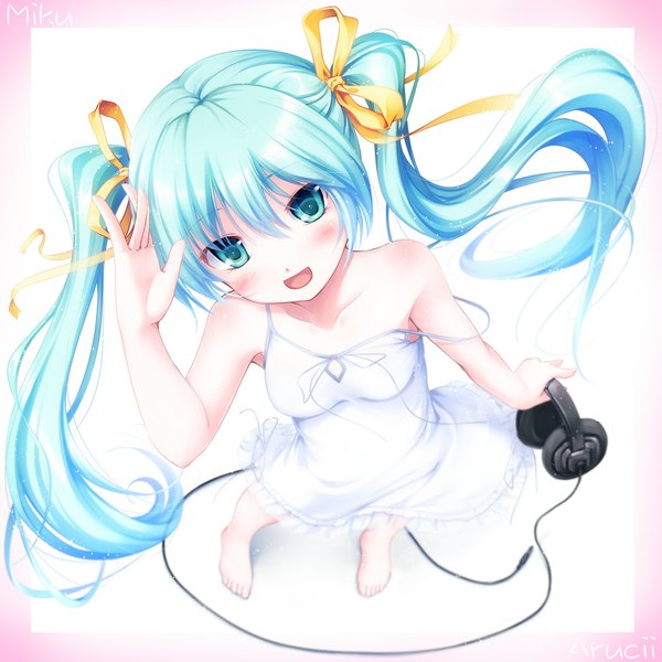 Anime picture 1000x1000 with vocaloid hatsune miku aruciii single long hair blush open mouth simple background white background twintails bare shoulders signed barefoot aqua eyes aqua hair inscription border girl dress ribbon (ribbons)