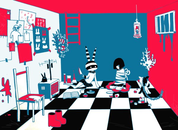 Anime picture 2592x1898 with original kurumikurukuru05 highres short hair black hair bunny ears checkered floor girl skirt toy stuffed animal chair cup knife television