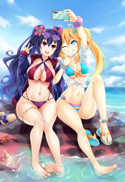 Anime picture 4350x6300 with choujigen game neptune noire tennouboshi uzume sereneandsilent long hair tall image blush fringe highres breasts open mouth blue eyes light erotic blonde hair smile hair between eyes red eyes large breasts sitting twintails