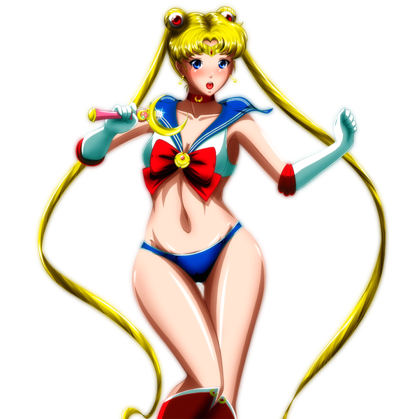 Anime picture 1200x1200 with bishoujo senshi sailor moon toei animation tsukino usagi sailor moon grimbyslayer single looking at viewer blush open mouth blue eyes light erotic blonde hair twintails very long hair transparent background girl gloves navel hair ornament underwear