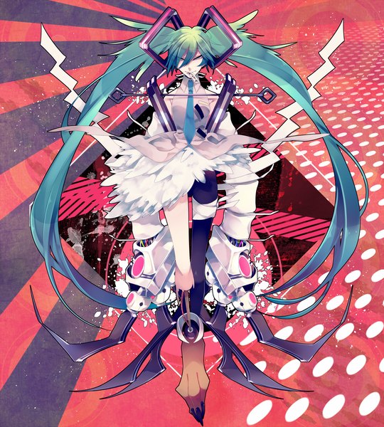 Anime picture 1300x1444 with vocaloid hatsune miku oniyama831 single long hair tall image looking at viewer highres twintails aqua hair bare legs legs amputee girl thighhighs hair ornament weapon necktie bandage (bandages)