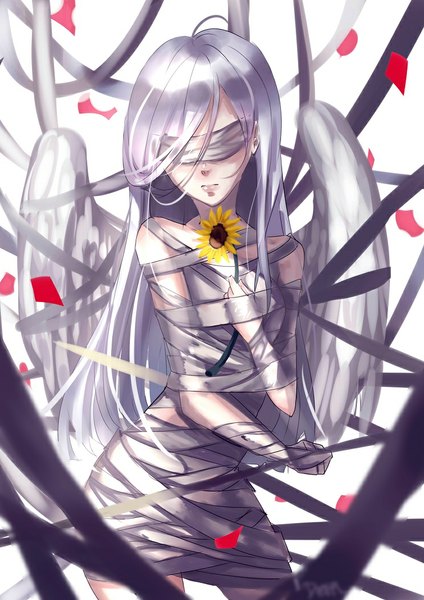 Anime-Bild 744x1053 mit original deer (deer423-81) long hair tall image fringe simple background standing white background holding silver hair lips white wings bandage over eyes girl flower (flowers) petals wings sunflower