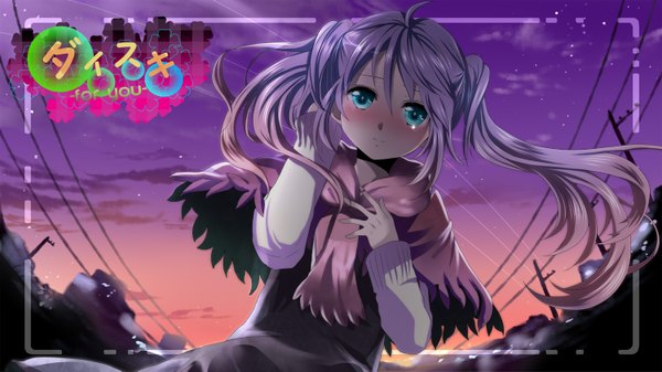Anime picture 1500x843 with vocaloid hatsune miku mariwai (marireroy) single long hair looking at viewer blush blue eyes wide image twintails silver hair evening sunset girl dress scarf
