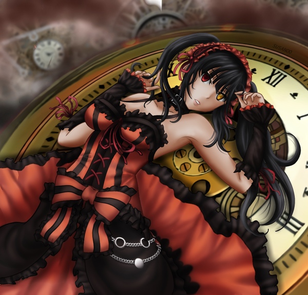 Anime picture 1043x1000 with date a live tokisaki kurumi susanoo single long hair looking at viewer fringe black hair red eyes twintails bare shoulders yellow eyes payot lying parted lips on back heterochromia frilled dress lolita fashion goth-loli