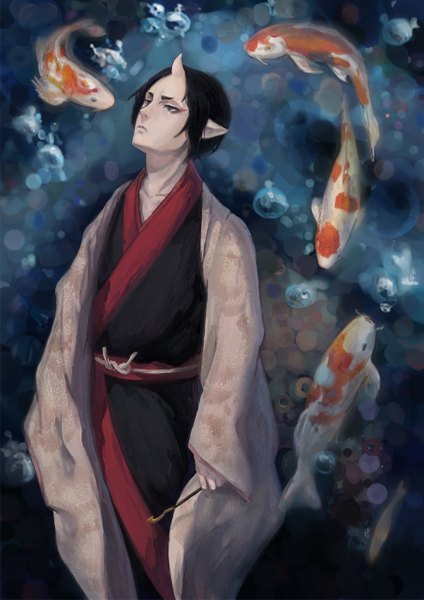 Anime picture 905x1280 with hoozuki no reitetsu wit studio hoozuki (hoozuki no reitetsu) lama1sara single tall image short hair black hair standing holding traditional clothes japanese clothes horn (horns) pointy ears looking up demon boy water bubble (bubbles) fish (fishes)