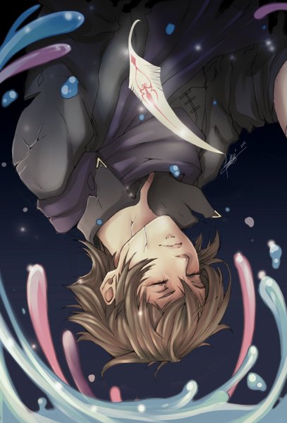 Anime picture 1606x2366 with tsubasa reservoir chronicle clamp syaoran orcaj single tall image short hair brown hair signed eyes closed upside down falling crack boy water feather (feathers) water drop