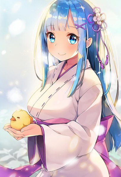 Anime picture 600x880 with re:zero kara hajimeru isekai seikatsu white fox rem (re:zero) ayami (annahibi) single long hair tall image looking at viewer blush fringe blue eyes smile blue hair blunt bangs traditional clothes japanese clothes wide sleeves alternate costume alternate hairstyle alternate hair length