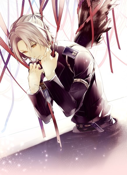 Anime picture 1600x2200 with nil admirari no tenbin idea factory kogami akira (nil admirari no tenbin) onoco single tall image fringe short hair hair between eyes white background yellow eyes ponytail grey hair leaning leaning forward partially submerged looking down black wings bondage boy