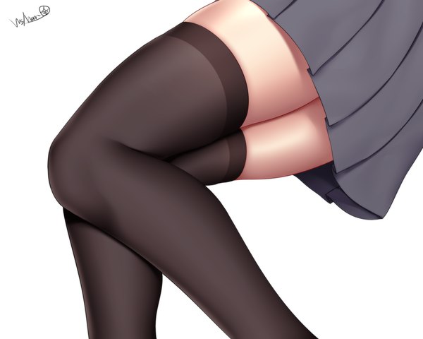 Anime picture 2000x1600 with original wsman highres simple background white background signed pleated skirt zettai ryouiki legs thighs close-up head out of frame girl thighhighs skirt black thighhighs grey skirt