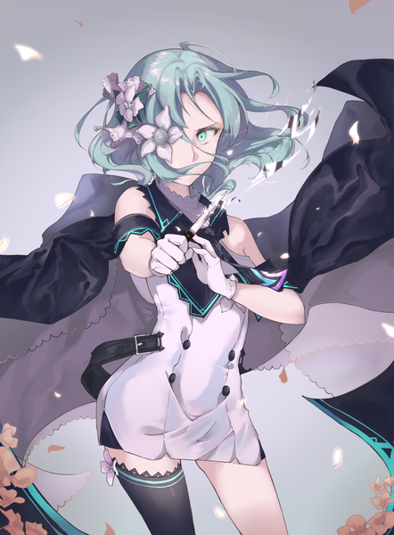 Anime picture 4000x5426 with arcaea saya (arcaea) kbsdr single tall image looking at viewer fringe highres short hair simple background hair between eyes standing holding absurdres aqua eyes aqua hair fighting stance covering eye (eyes) flower over eye girl