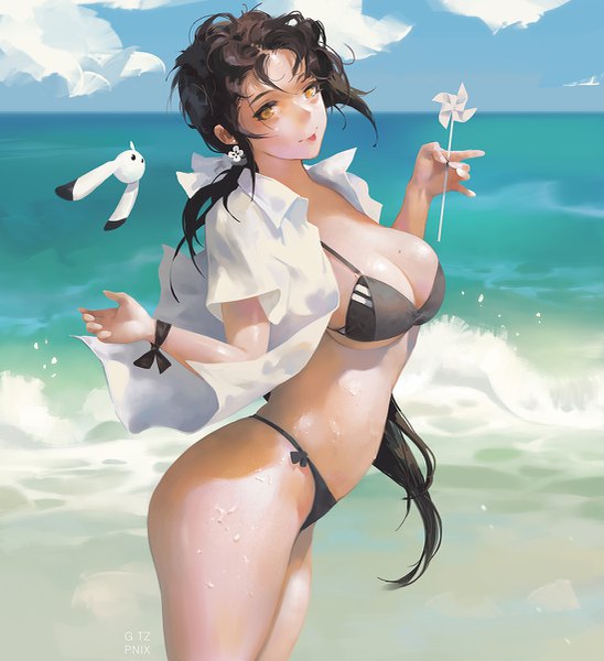 Anime picture 1097x1200 with original g-tz single long hair tall image looking at viewer fringe breasts light erotic black hair large breasts standing holding signed yellow eyes sky cleavage cloud (clouds) wind mole