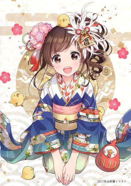 Anime picture 2093x2952 with original morikura en single tall image looking at viewer fringe highres short hair open mouth simple background smile brown hair sitting brown eyes full body traditional clothes :d japanese clothes scan side ponytail