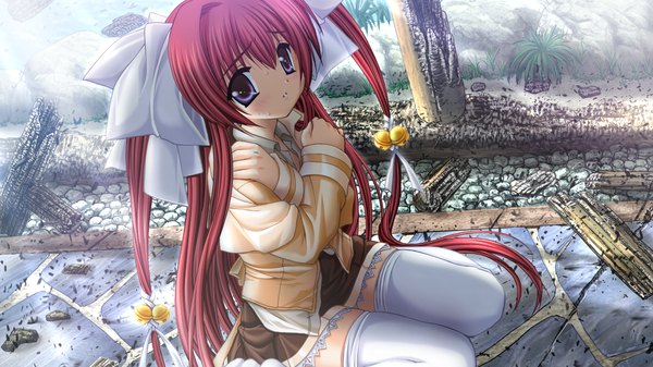 Anime picture 1280x720 with tomodachi ijou koibito miman studio mebius long hair wide image purple eyes game cg red hair girl thighhighs white thighhighs