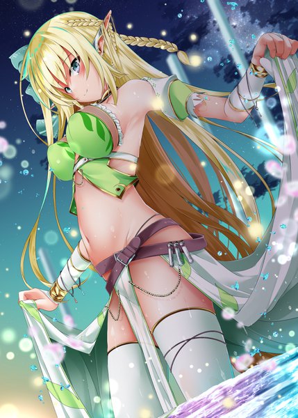 Anime picture 714x999 with original shirosuzu single long hair tall image looking at viewer blush fringe breasts light erotic blonde hair smile holding payot outdoors braid (braids) pointy ears night from below grey eyes