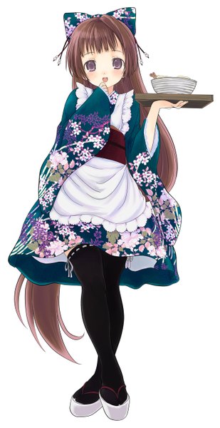 Anime picture 722x1400 with mikazukimo single tall image looking at viewer blush fringe open mouth simple background brown hair white background purple eyes very long hair traditional clothes japanese clothes waitress wa maid girl thighhighs flower (flowers) bow