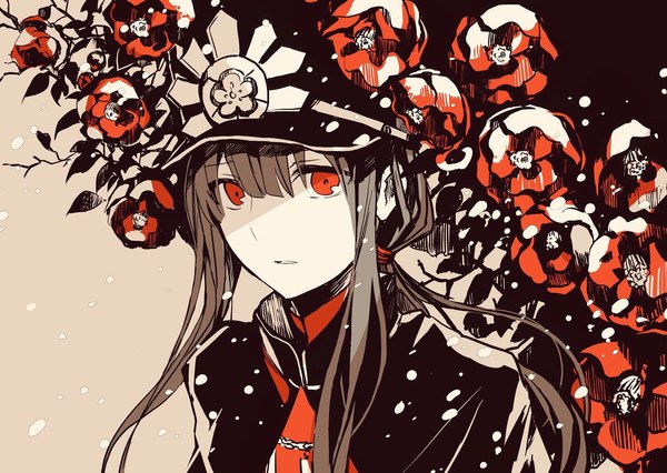 Anime picture 1745x1240 with fate (series) fate/grand order oda nobukatsu (fate) rioka (southern blue sky) single long hair looking at viewer fringe highres hair between eyes red eyes brown hair upper body blunt bangs parted lips snowing low ponytail otoko no ko polychromatic boy