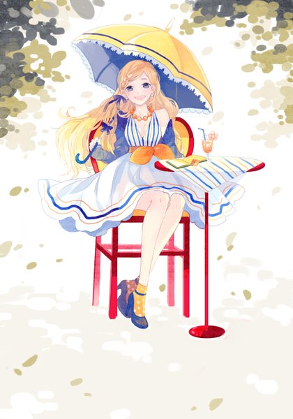 Anime picture 2000x2854 with original orangina kyang692 single long hair tall image blush highres open mouth blue eyes blonde hair sitting france girl dress book (books) umbrella chair