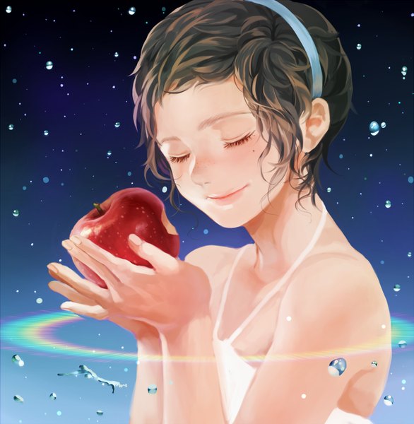 Anime picture 1000x1024 with original minami haruya tall image blush short hair smile bare shoulders holding eyes closed light smile glowing freckles girl water fruit apple bitten apple