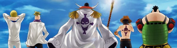 Anime picture 2000x555 with one piece toei animation portgas d. ace marco (one piece) edward newgate thatch jozu kanameyura highres short hair black hair blonde hair wide image sky from behind sunlight tattoo back topless arms behind head